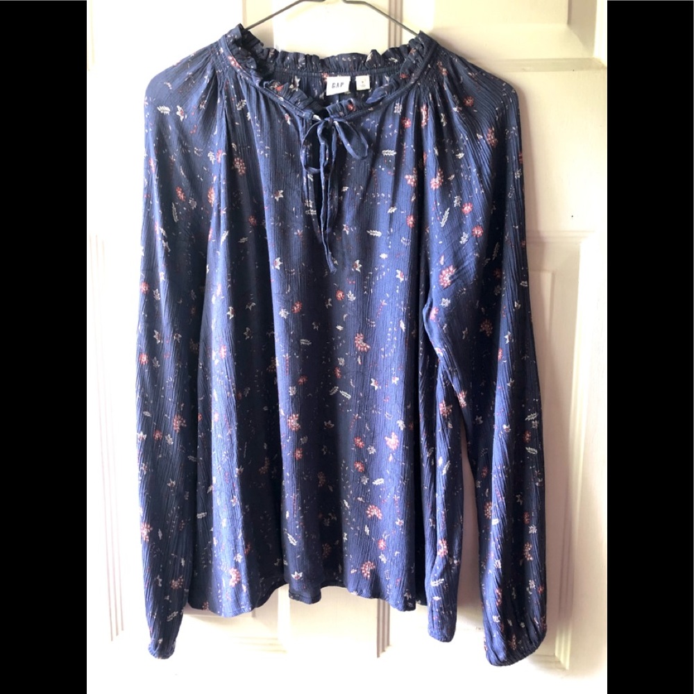 Gap Blue Rose Pink White Floral Boho Peasant Tie Neck Long Sleeve Blouse S Small